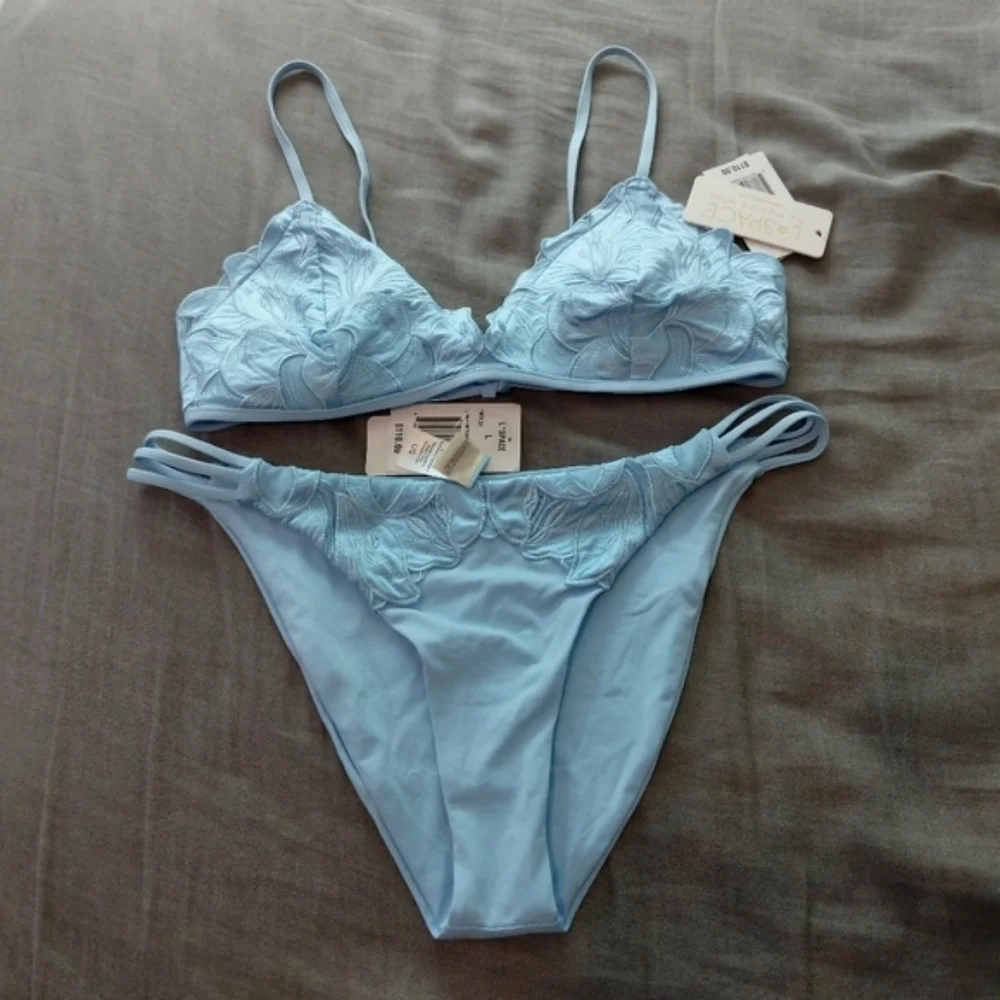 L*Space Jean Top Claude Bottoms Bikini Full Set Blue Satin Swimsuit Swim